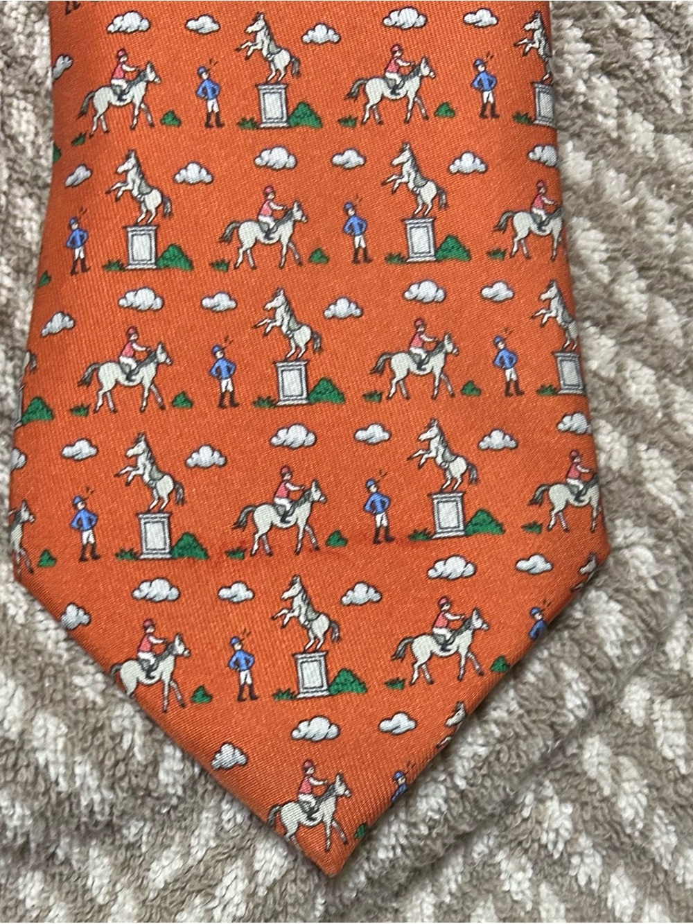 Hermes Orange Equestrian Print Silk Tie